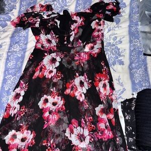 Hot Topic Black and Pink Floral Midi Dress
